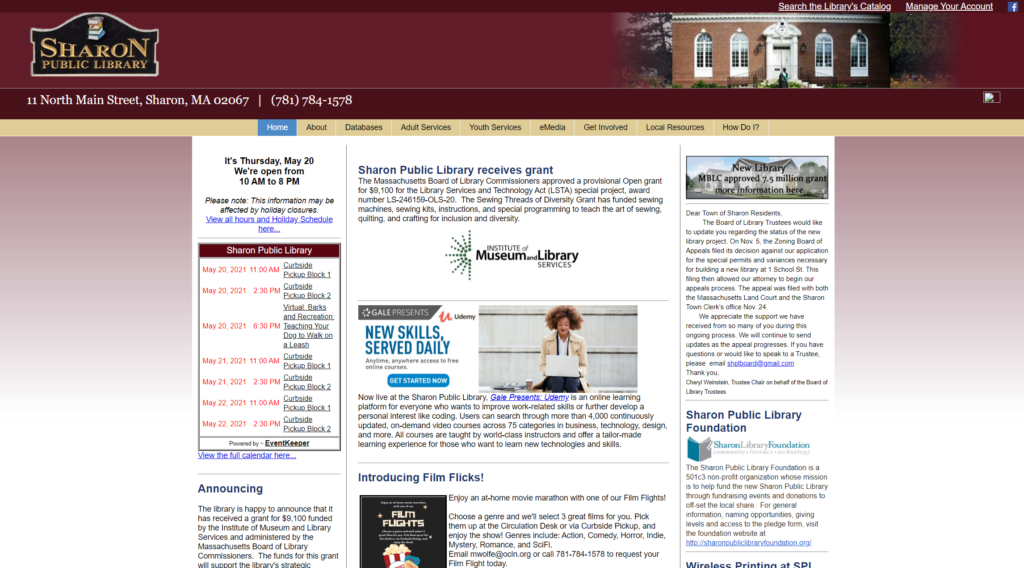 Thumbnail image of the Sharon MA library website.