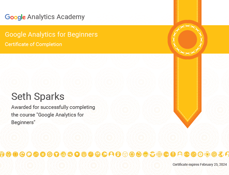 Certificate for Google Analytics for Beginners from Google