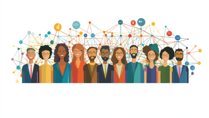 An illustration of a diverse group of people standing together, representing different genders, ethnicities, and professional roles. Behind them is a vibrant network of interconnected colorful lines and icons symbolizing collaboration, diversity, and interconnectedness in a modern, inclusive environment.